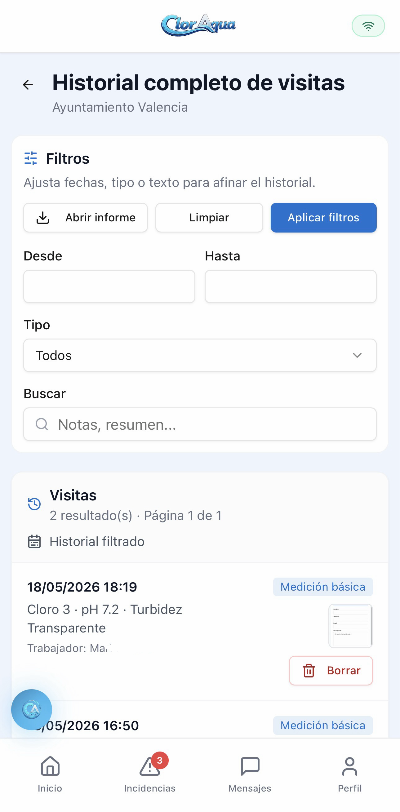 Historial de visitas
