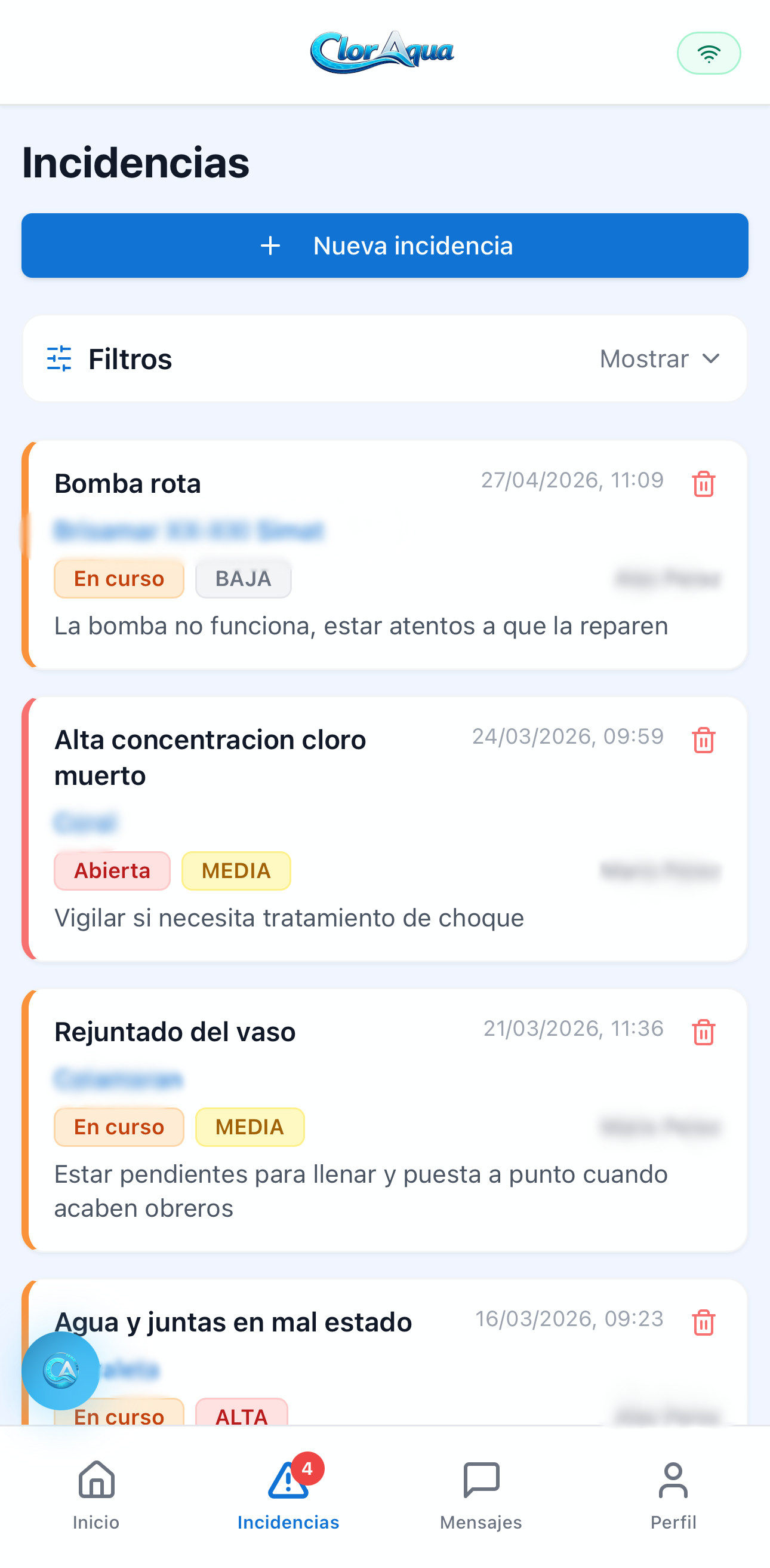 Incidencias en ClorAqua