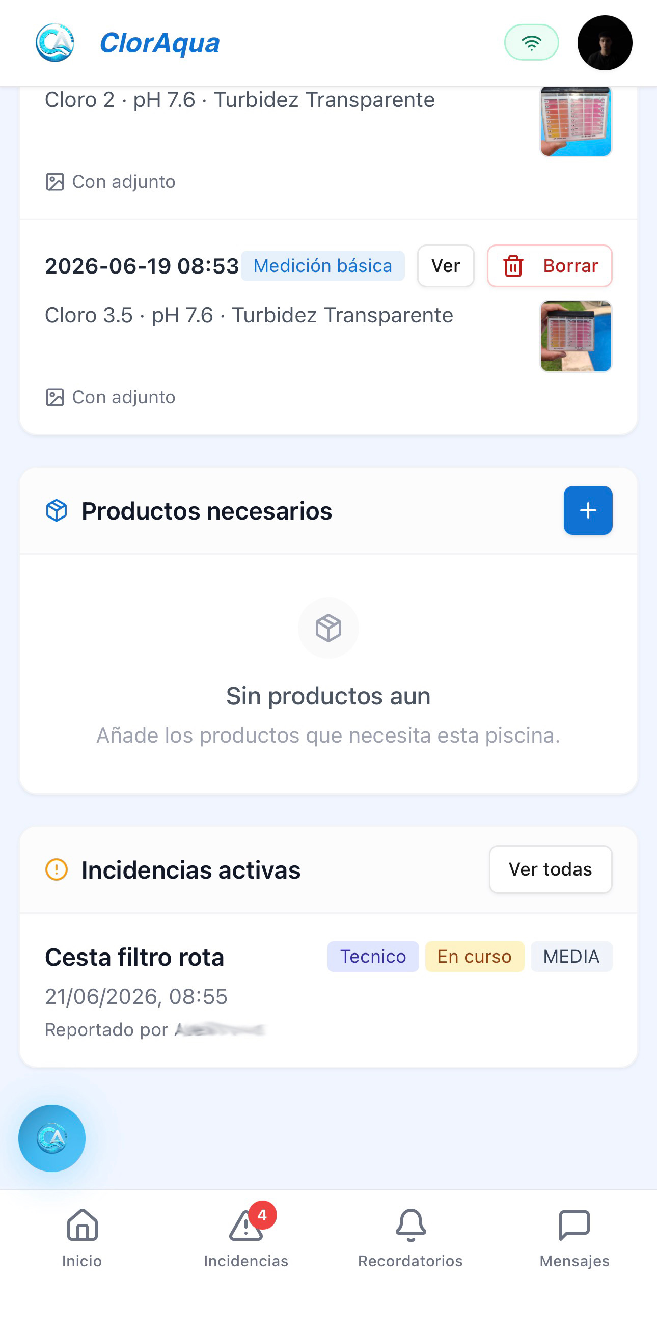 Lista de productos necesarios por piscina en ClorAqua