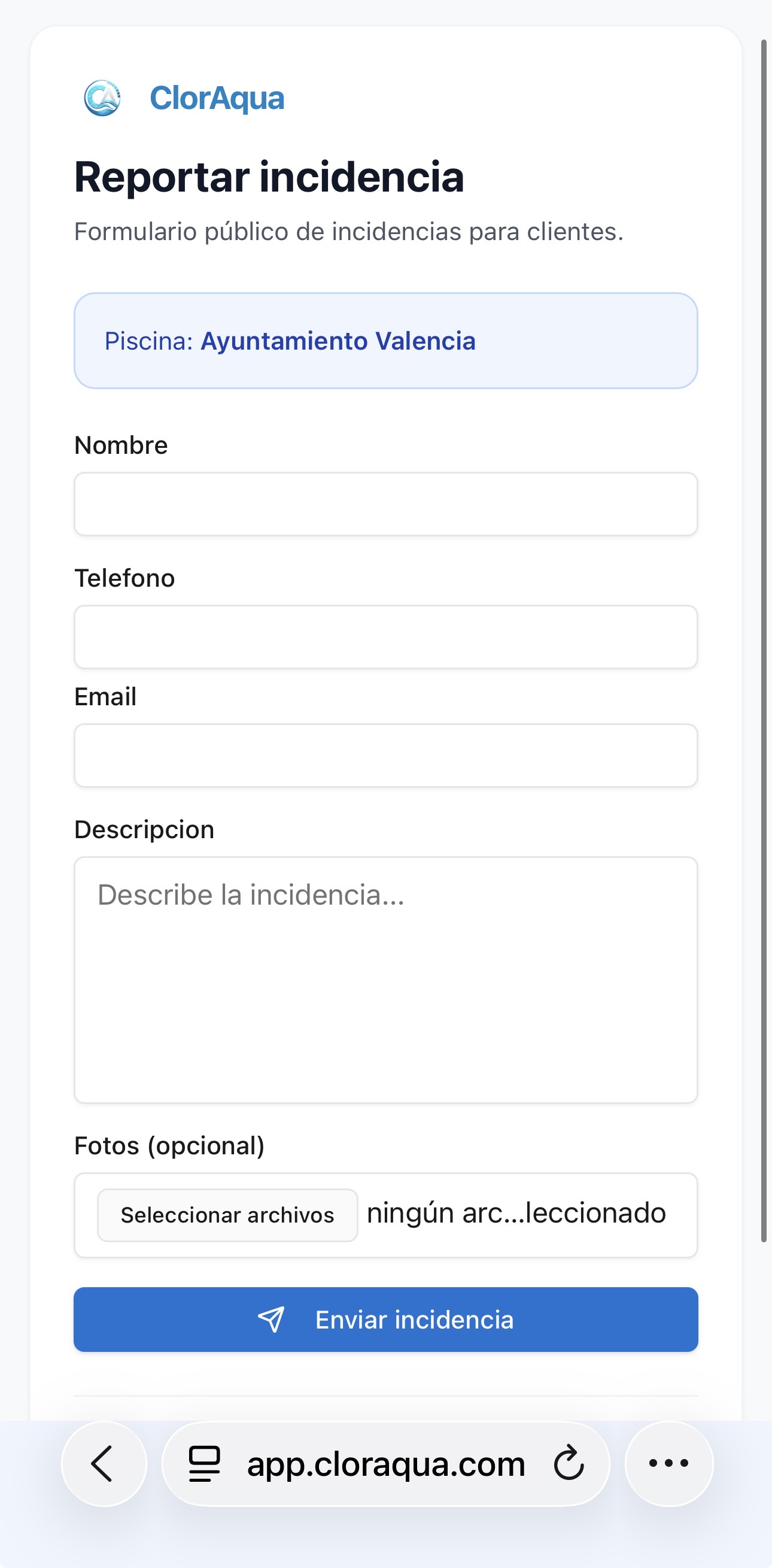 QR público de incidencias en ClorAqua