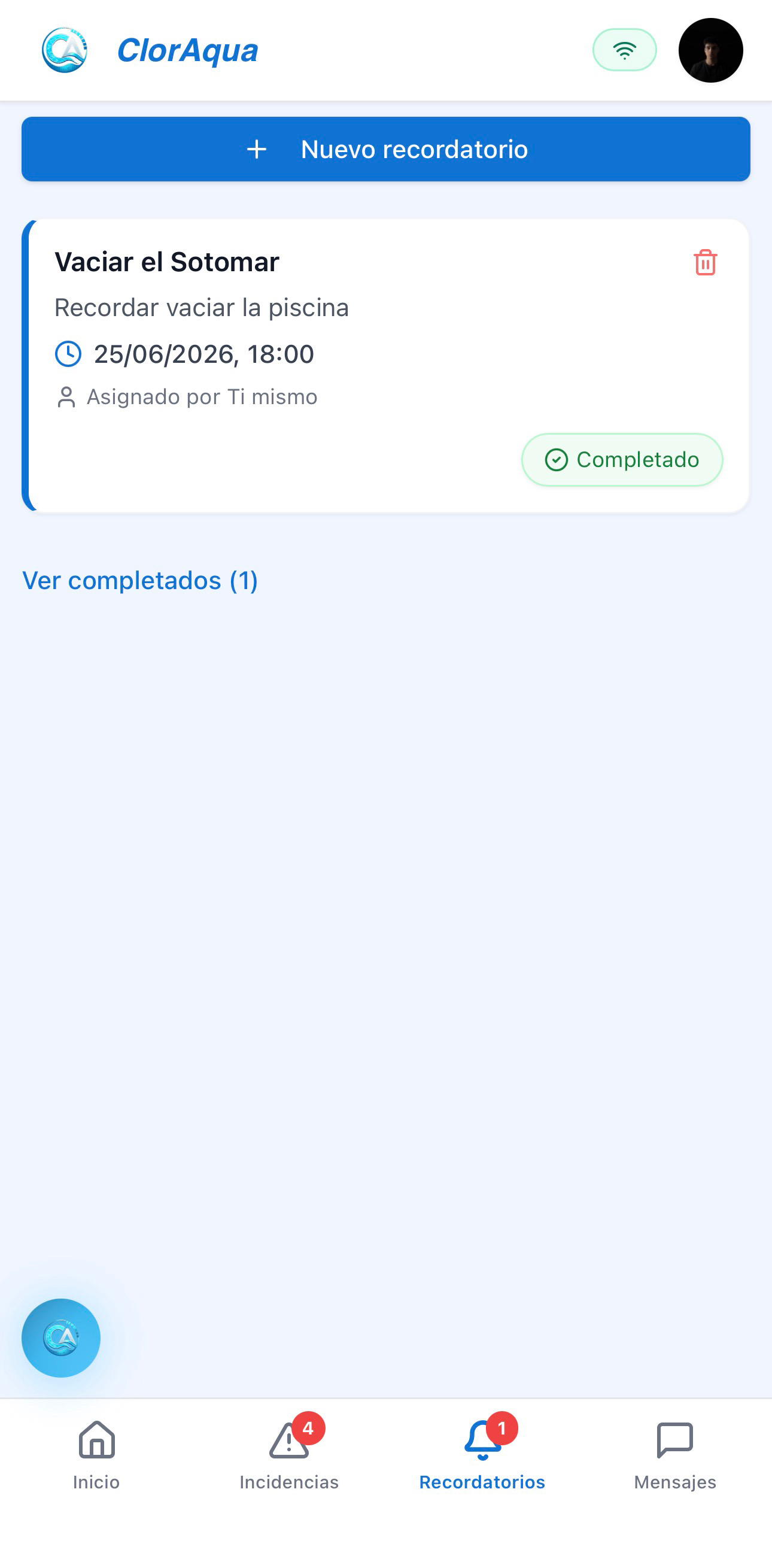 Recordatorios en ClorAqua