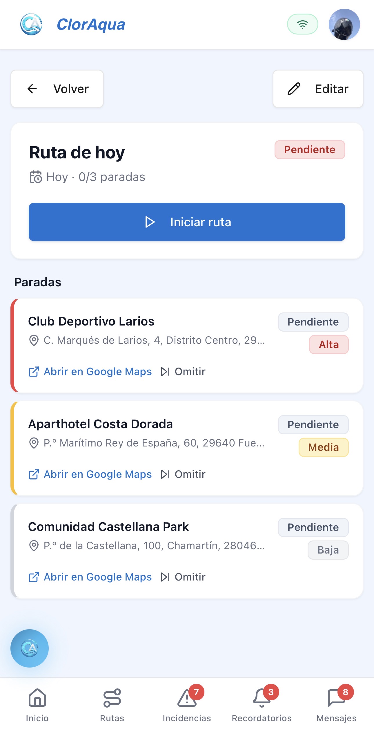 Detalhe de uma rota com as paradas na ordem e o link para o Google Maps