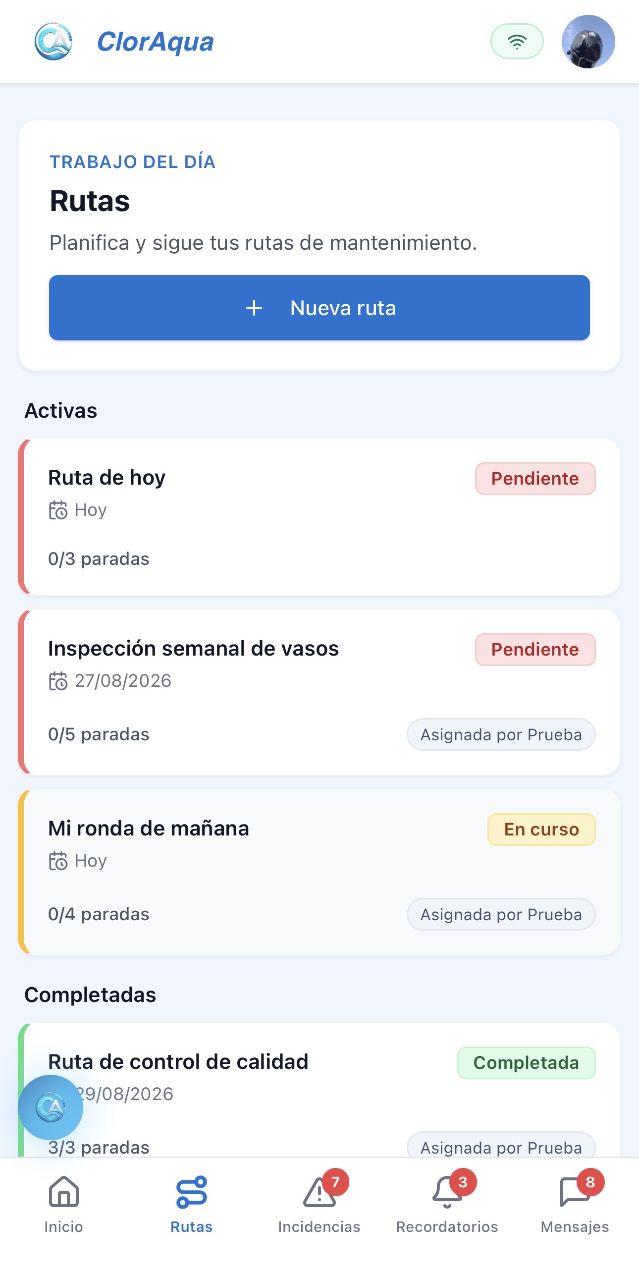 Lista das rotas do dia no ClorAqua