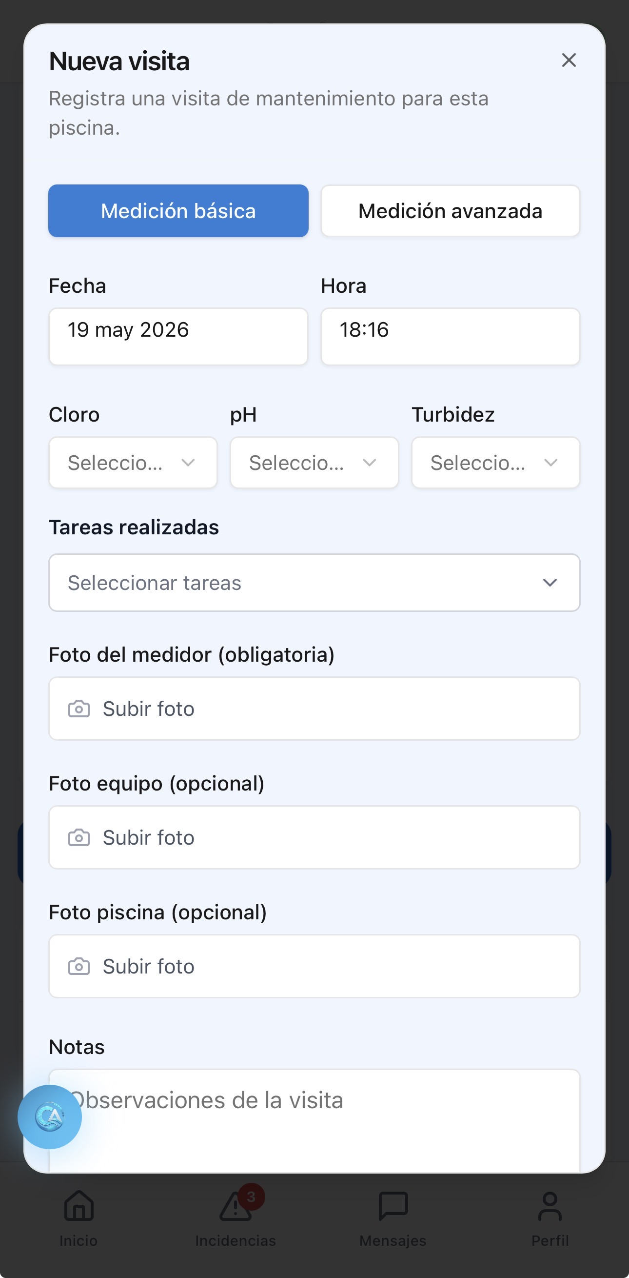 Registro de visita en ClorAqua